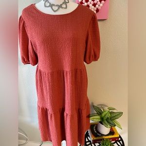 Crystal Doll Women’s Orange Tiered Fit & Flare Dress With Bell Sleeves -SZ L